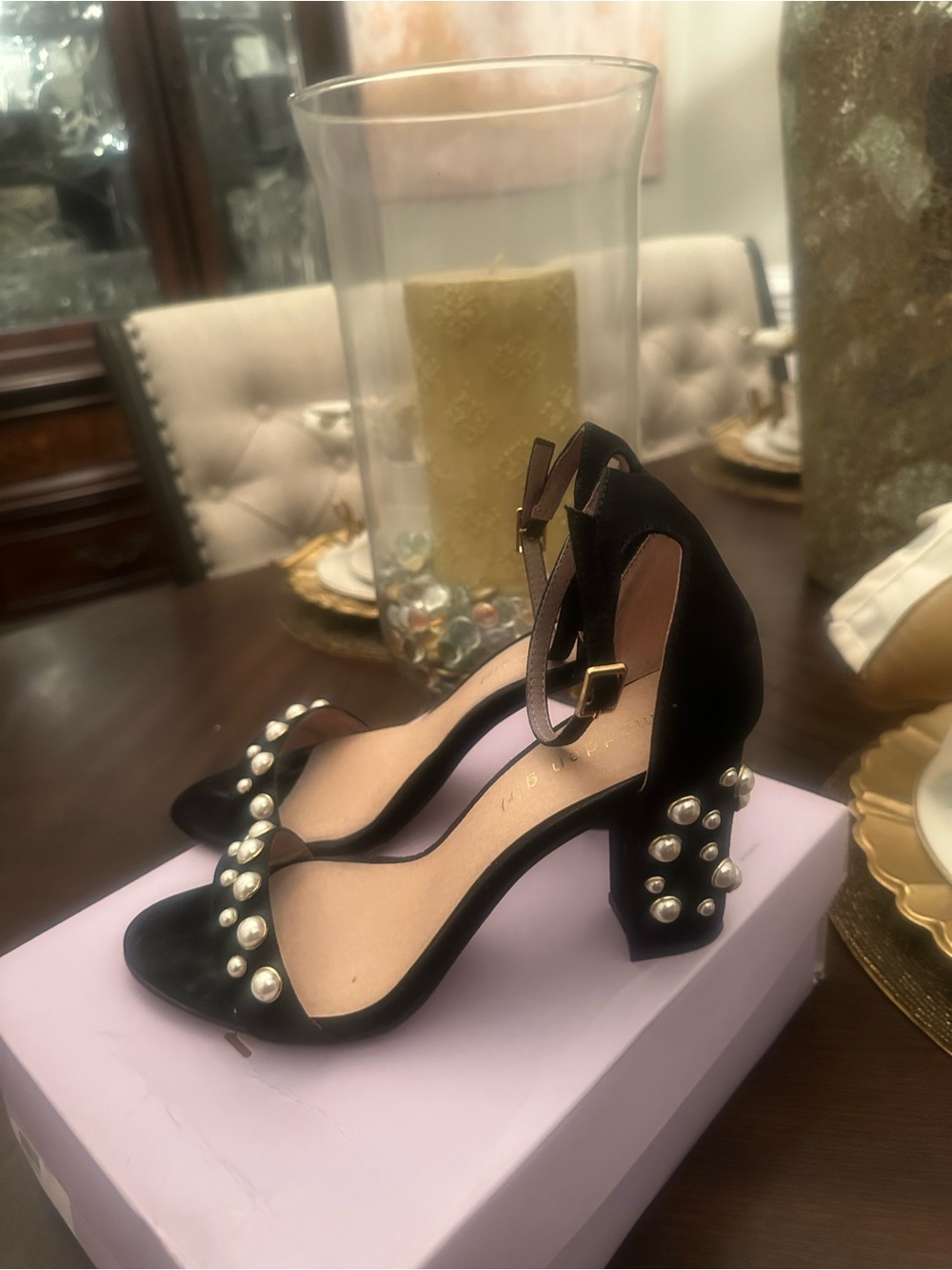 Slightly Worn Size 8 Steve Madden Black Pearl-Embellished Block Heel Sandals